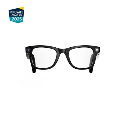 AI Smart Glasses with AI Vision and ChatGPT, 1080p hands-free video recording, lightweight 42g frame, all-day battery, instant Wi-Fi sharing, IPX4 waterproof design, and open-ear audio – shown with front-facing camera and minimalist black frame. Ai camera glasses best